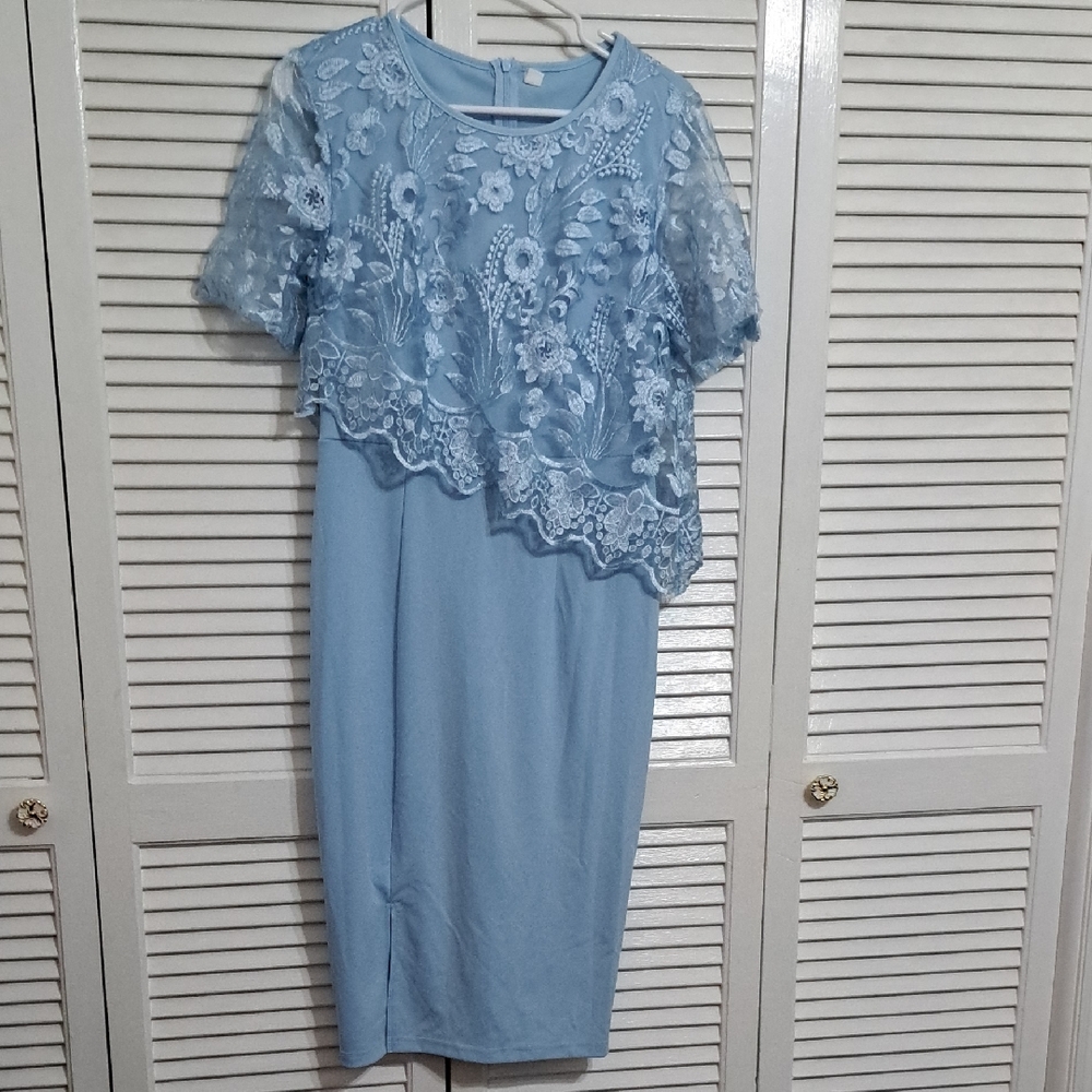 SHEIN Light Blue Floral Lace Asymmetrical Dress
